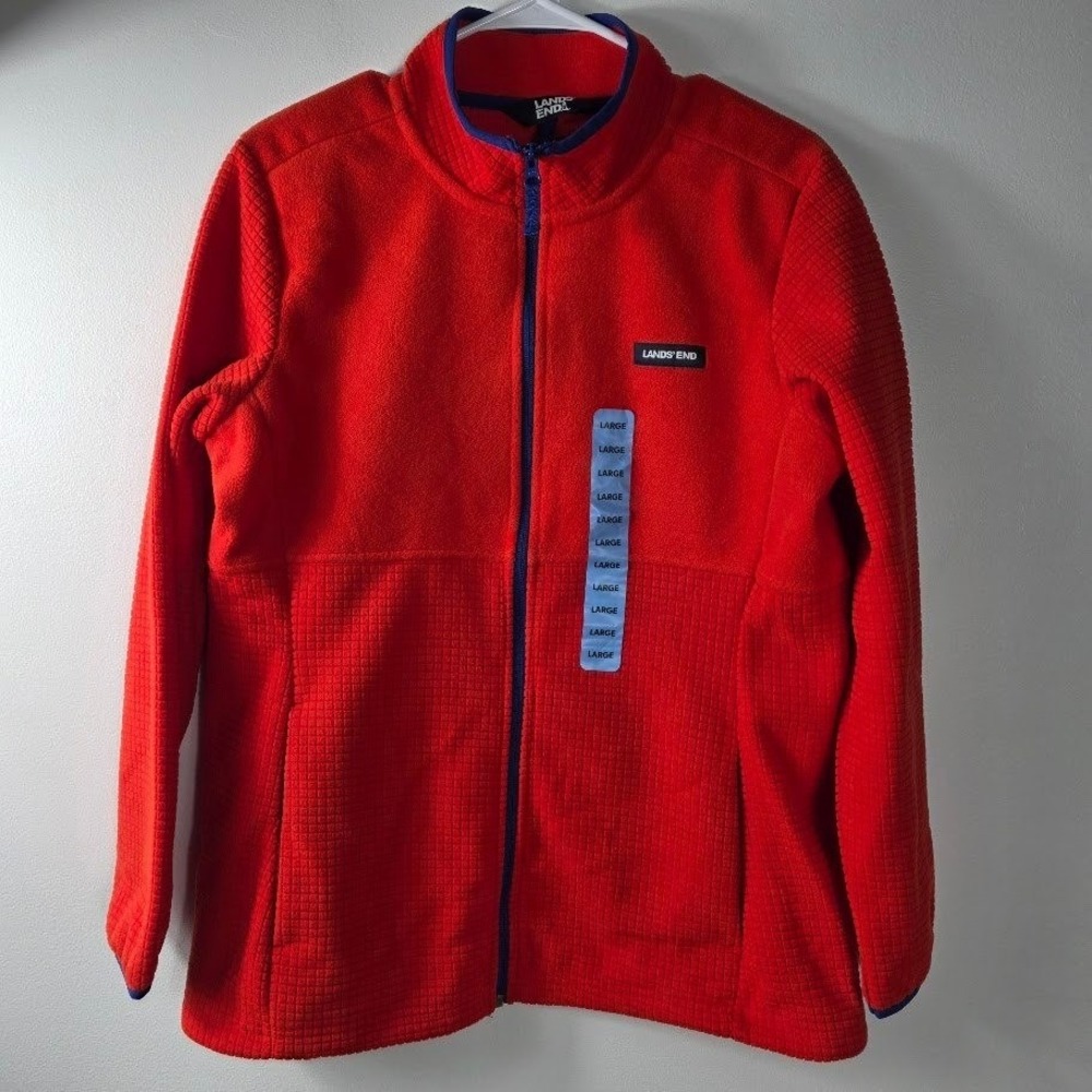 Lands End Red Fleece Jacket Full Zip Textured Waffle Knit Size Large